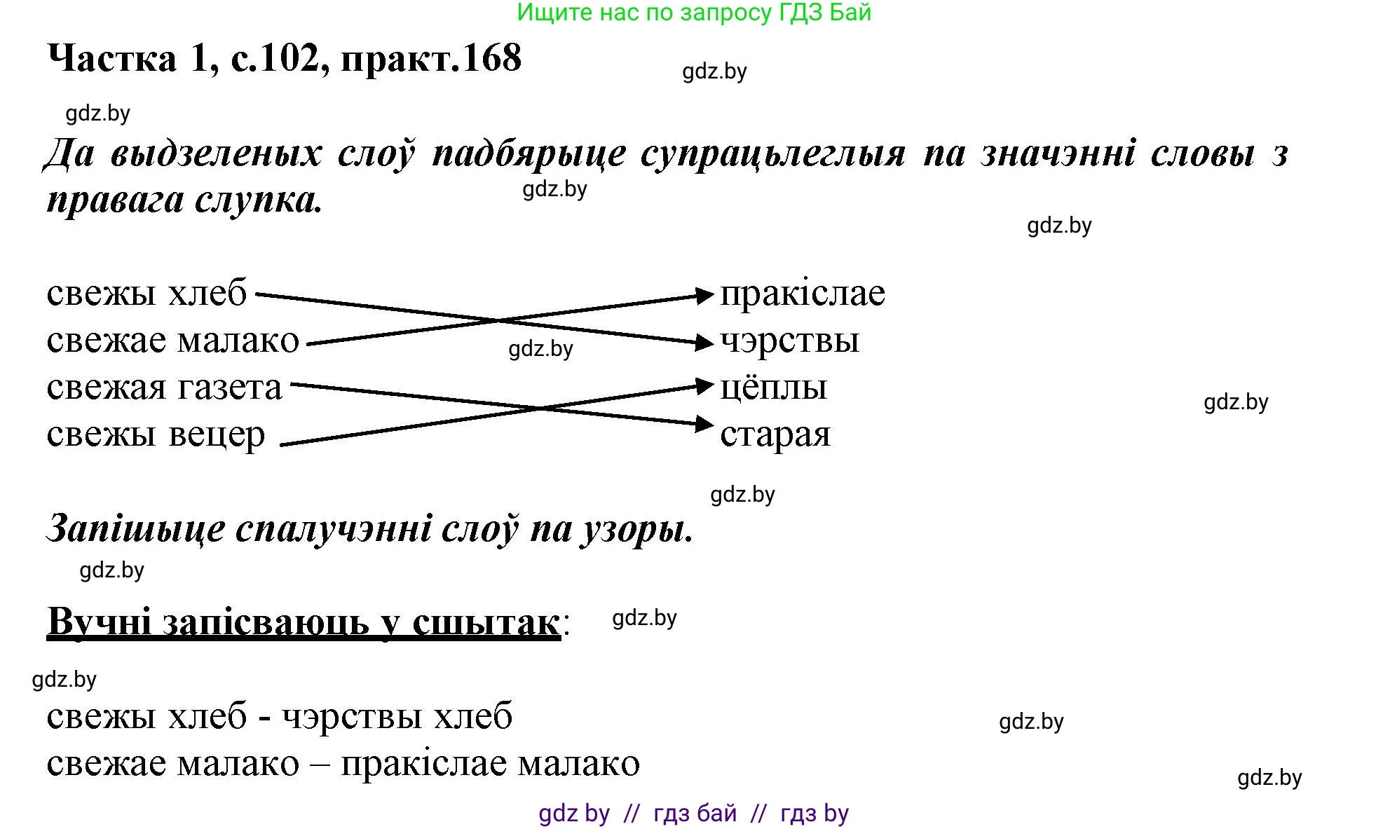 Белорусский язык (Беларуская мова), 3 класс Учебник, автор: Свірыдзенка Вольга Іванаўна, издательство Нацыянальны інстытут адукацыі, Минск, 2023, зелёного цвета, Частка 1, страница 102, номер 168, Решение