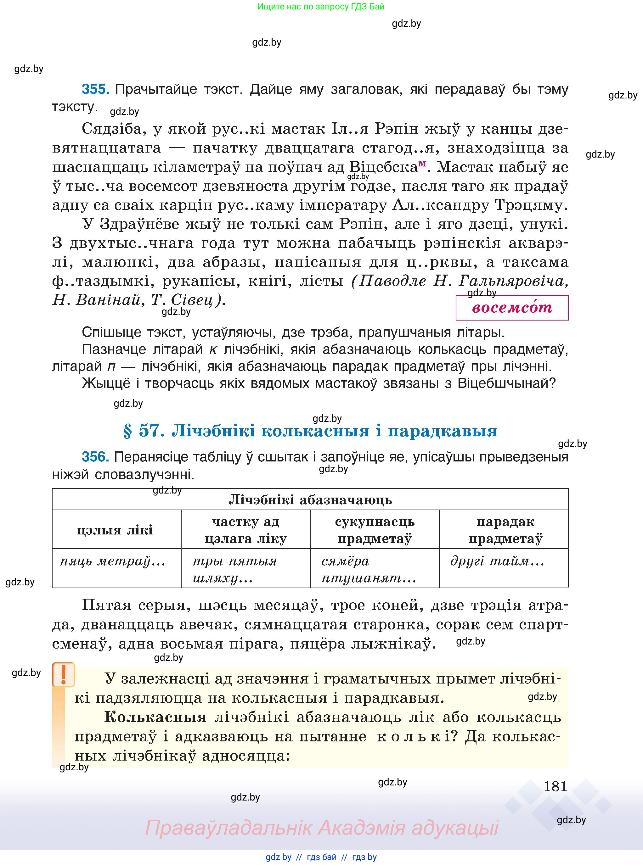 Белорусский язык (Беларуская мова), 6 класс Учебник, авторы: Валочка Ганна Міхайлаўна, Зелянко Вольга Уладзіміраўна, Мартынкевіч Святлана Васільеўна, Якуба Святлана Міхайлаўна, Бажкова Т І, издательство Акадэмія адукацыі, Минск, 2025, страница 181