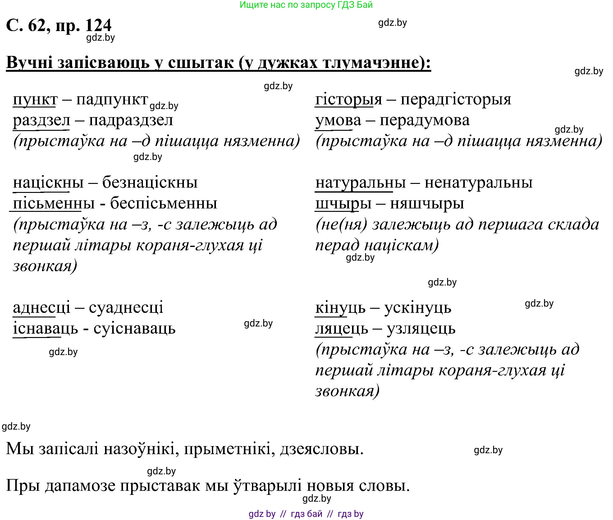 Белорусский язык (Беларуская мова), 6 класс Учебник, авторы: Валочка Ганна Міхайлаўна, Зелянко Вольга Уладзіміраўна, Мартынкевіч Святлана Васільеўна, Якуба Святлана Міхайлаўна, Бажкова Т І, издательство Акадэмія адукацыі, Минск, 2025, страница 62, номер 124, Решение
