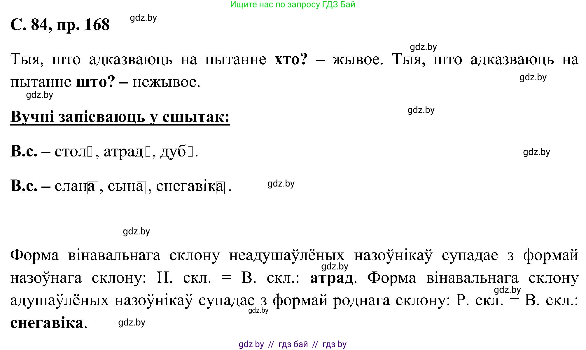 Белорусский язык (Беларуская мова), 6 класс Учебник, авторы: Валочка Ганна Міхайлаўна, Зелянко Вольга Уладзіміраўна, Мартынкевіч Святлана Васільеўна, Якуба Святлана Міхайлаўна, Бажкова Т І, издательство Акадэмія адукацыі, Минск, 2025, страница 84, номер 168, Решение