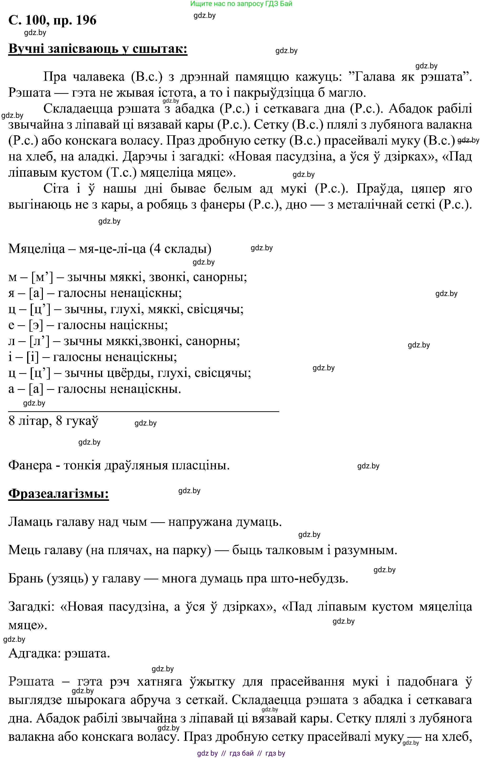 Белорусский язык (Беларуская мова), 6 класс Учебник, авторы: Валочка Ганна Міхайлаўна, Зелянко Вольга Уладзіміраўна, Мартынкевіч Святлана Васільеўна, Якуба Святлана Міхайлаўна, Бажкова Т І, издательство Акадэмія адукацыі, Минск, 2025, страница 100, номер 196, Решение