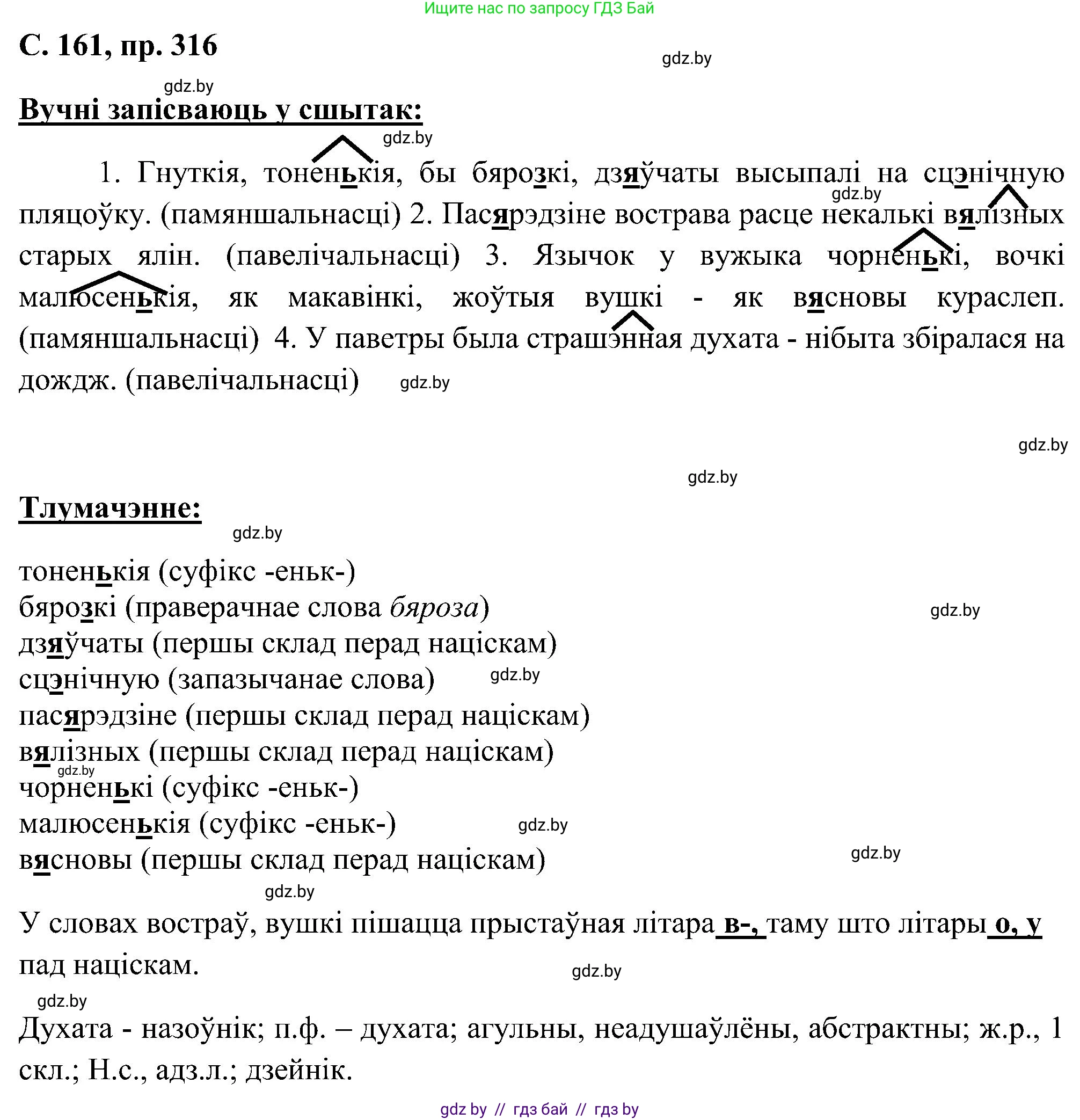 Белорусский язык (Беларуская мова), 6 класс Учебник, авторы: Валочка Ганна Міхайлаўна, Зелянко Вольга Уладзіміраўна, Мартынкевіч Святлана Васільеўна, Якуба Святлана Міхайлаўна, Бажкова Т І, издательство Акадэмія адукацыі, Минск, 2025, страница 161, номер 316, Решение