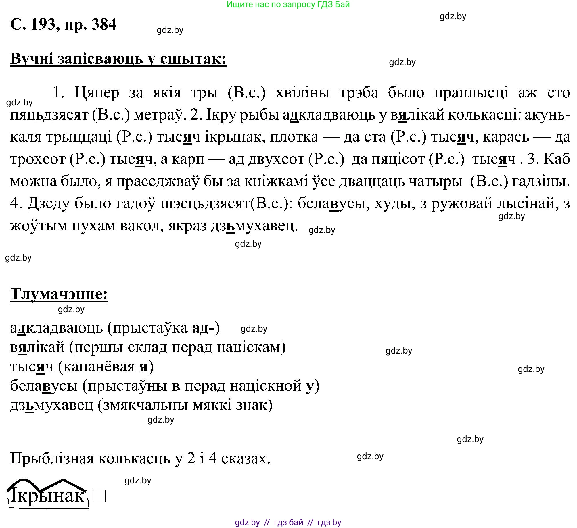 Белорусский язык (Беларуская мова), 6 класс Учебник, авторы: Валочка Ганна Міхайлаўна, Зелянко Вольга Уладзіміраўна, Мартынкевіч Святлана Васільеўна, Якуба Святлана Міхайлаўна, Бажкова Т І, издательство Акадэмія адукацыі, Минск, 2025, страница 193, номер 384, Решение