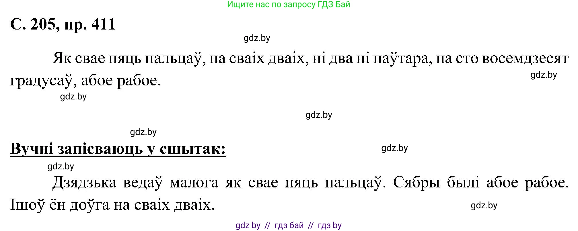 Белорусский язык (Беларуская мова), 6 класс Учебник, авторы: Валочка Ганна Міхайлаўна, Зелянко Вольга Уладзіміраўна, Мартынкевіч Святлана Васільеўна, Якуба Святлана Міхайлаўна, Бажкова Т І, издательство Акадэмія адукацыі, Минск, 2025, страница 205, номер 411, Решение