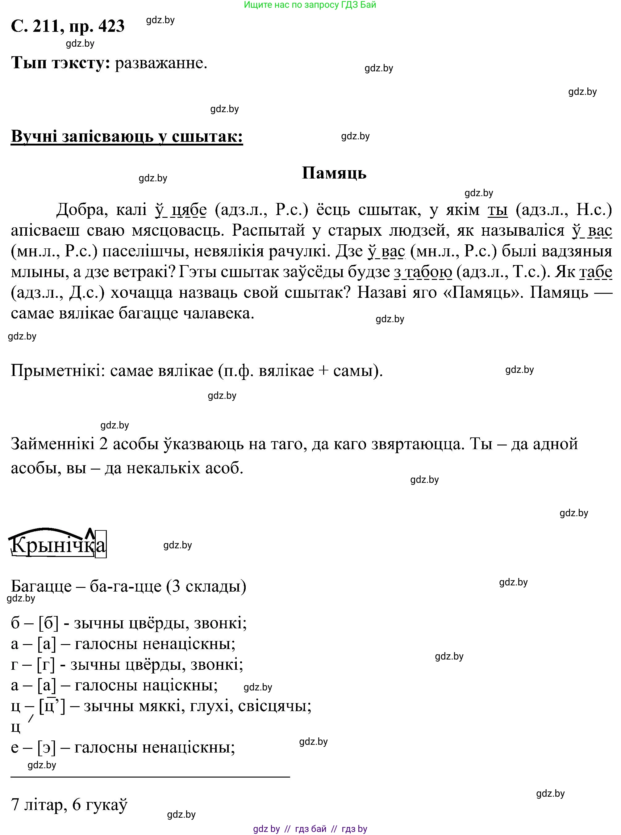 Белорусский язык (Беларуская мова), 6 класс Учебник, авторы: Валочка Ганна Міхайлаўна, Зелянко Вольга Уладзіміраўна, Мартынкевіч Святлана Васільеўна, Якуба Святлана Міхайлаўна, Бажкова Т І, издательство Акадэмія адукацыі, Минск, 2025, страница 211, номер 423, Решение