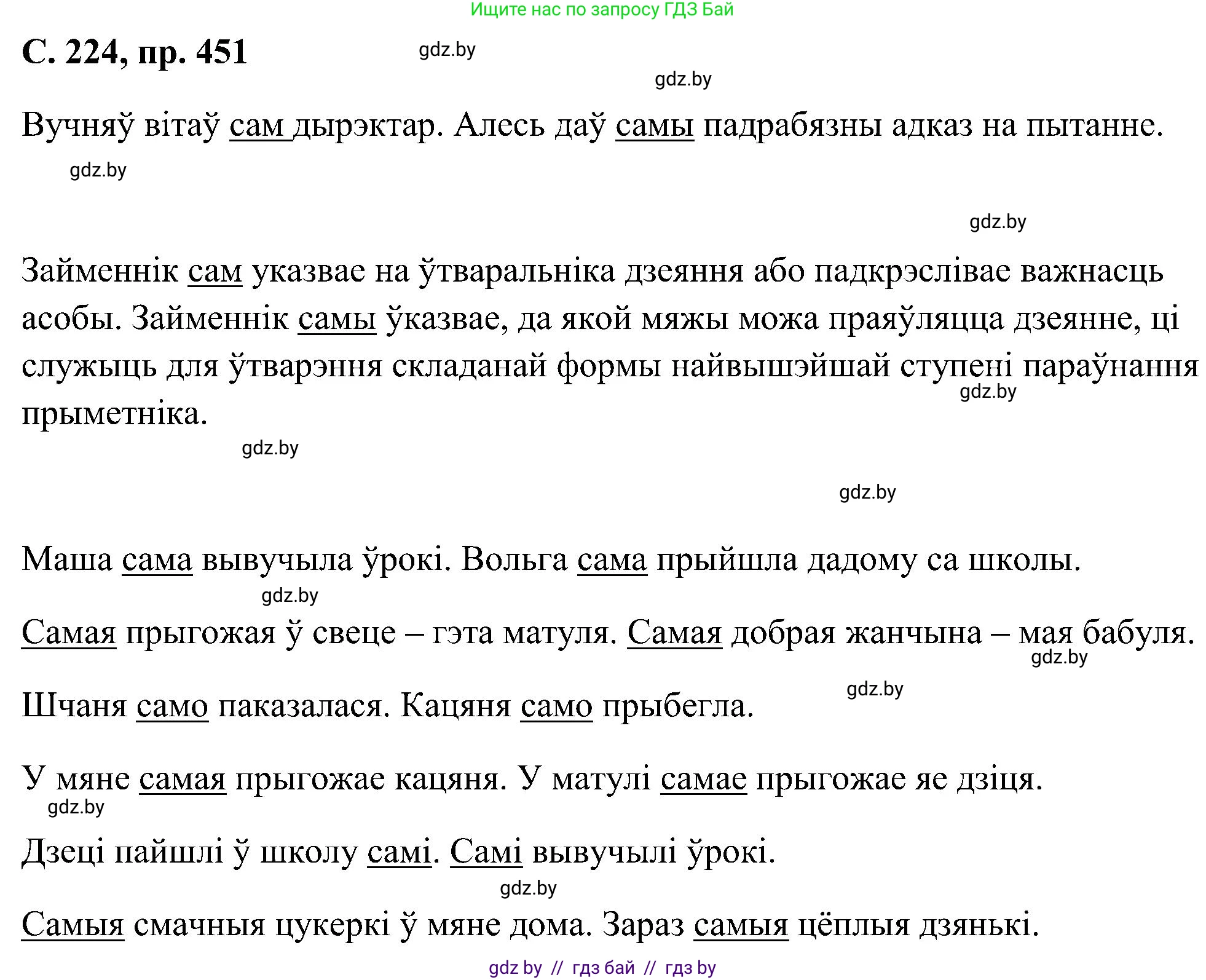 Белорусский язык (Беларуская мова), 6 класс Учебник, авторы: Валочка Ганна Міхайлаўна, Зелянко Вольга Уладзіміраўна, Мартынкевіч Святлана Васільеўна, Якуба Святлана Міхайлаўна, Бажкова Т І, издательство Акадэмія адукацыі, Минск, 2025, страница 224, номер 451, Решение