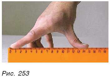 Рис. 253. При помощи линейки измерьте наибольшее расстояние (пядь) между кончиками расставленных пальцев вашей руки — указательного и большого