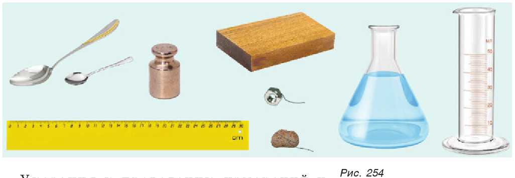 Оборудование: линейка, прямоугольный брусок, мензурка, твердые тела неправильной формы, сосуд с водой, чайная и столовая ложки (рис. 254)