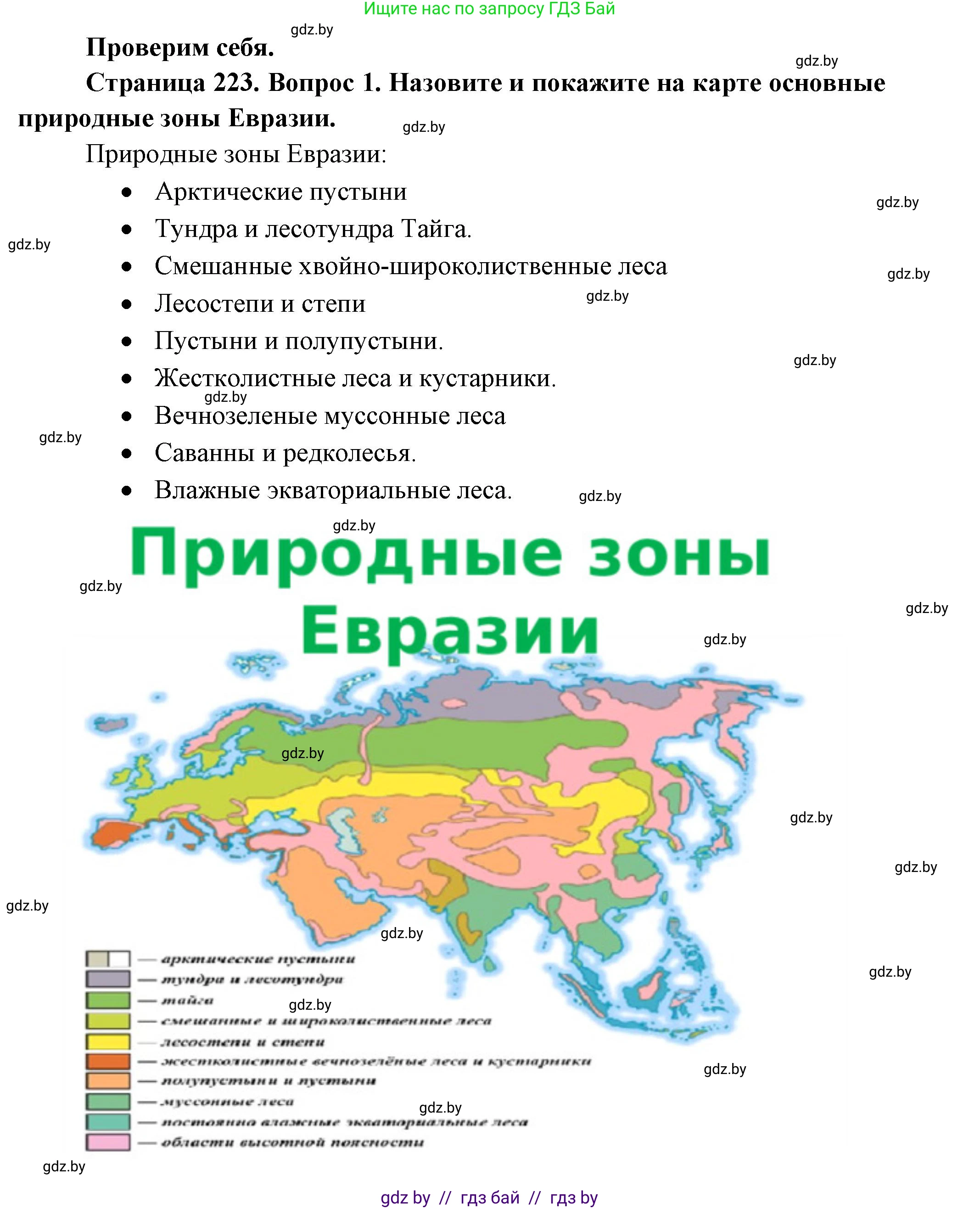 География, 7 класс Учебник, авторы: Кольмакова Елена Генадьевна, Лопух Пётр Степанович, Сарычева Ольга Владимировна, издательство Адукацыя i выхаванне, Минск, 2023, страница 223, номер 1, Решение