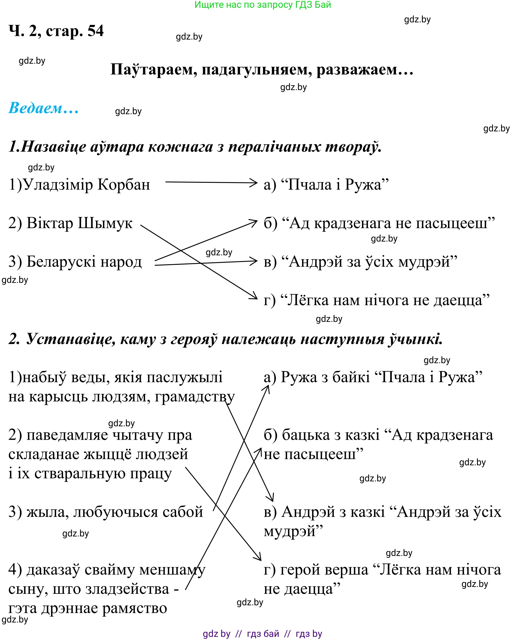 Літаратурнае чытанне, 4 класс Учебник, авторы: Жуковіч Мікалай Васільевіч, Праскаловіч Вольга Уладзіміраўна, издательство Нацыянальны інстытут адукацыі, Минск, 2024, зелёного цвета, Часть 2, страница 54, номер 54, Решение