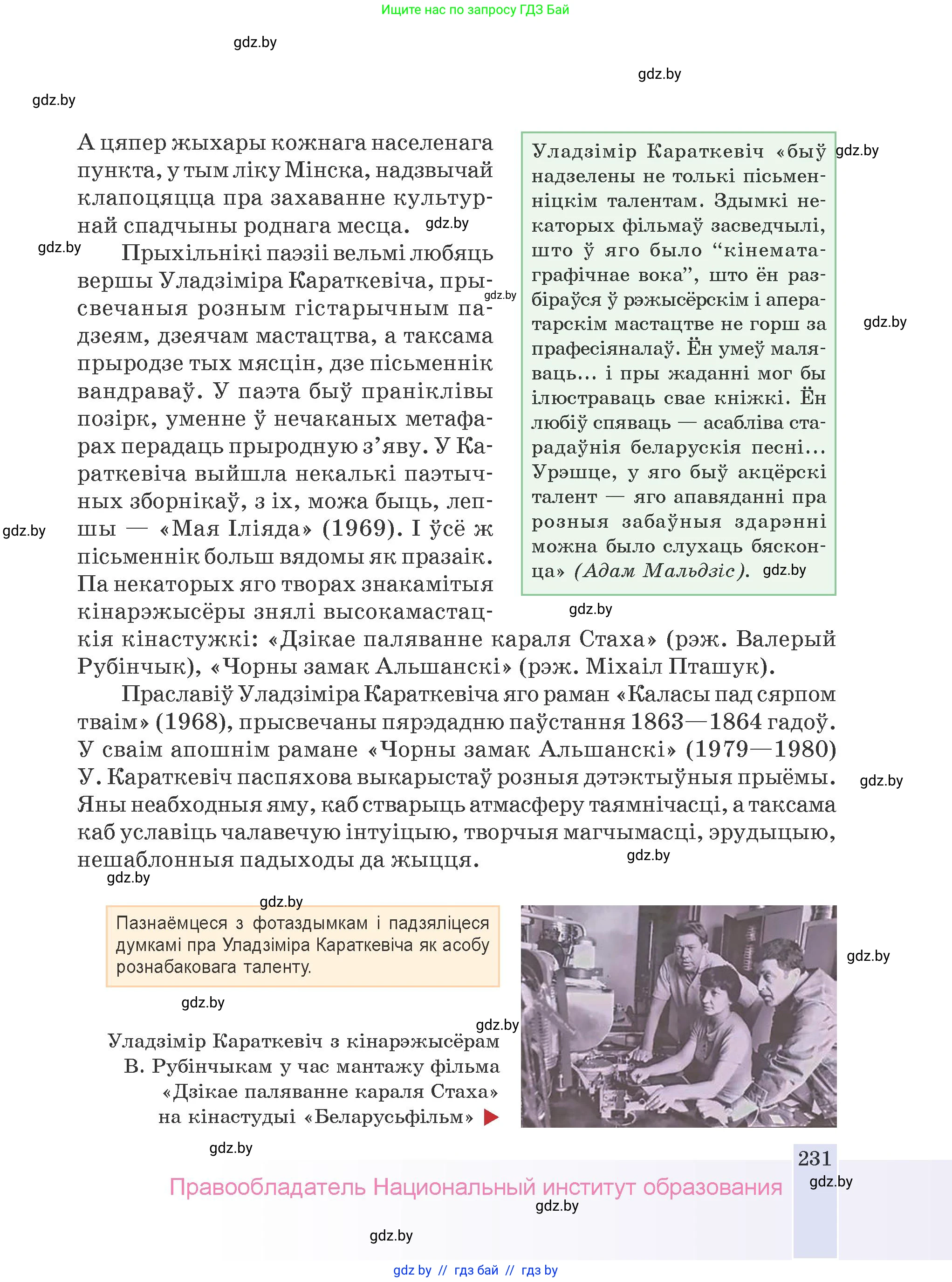 Белорусская литература (Беларуская літаратура), 9 класс Учебник, авторы: Праскаловіч Вольга Уладзіміраўна, Рагойша Вячаслаў Пятровіч, Шамякіна Таццяна Іванаўна, Кабржыцкая Т В, Жуковіч Мікалай Васільевіч, издательство Нацыянальны інстытут адукацыі, Минск, 2019, салатового цвета, страница 231