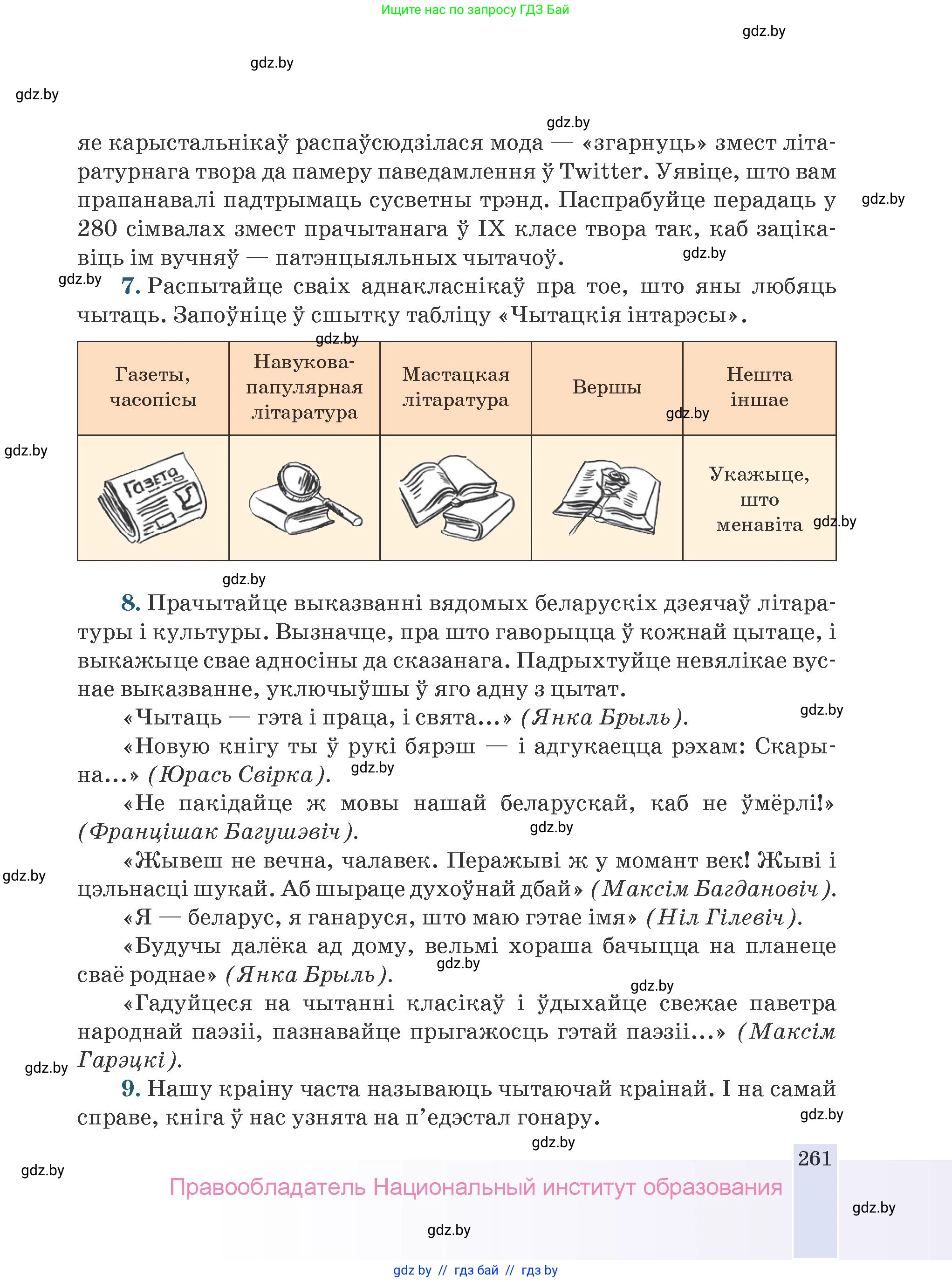 Белорусская литература (Беларуская літаратура), 9 класс Учебник, авторы: Праскаловіч Вольга Уладзіміраўна, Рагойша Вячаслаў Пятровіч, Шамякіна Таццяна Іванаўна, Кабржыцкая Т В, Жуковіч Мікалай Васільевіч, издательство Нацыянальны інстытут адукацыі, Минск, 2019, салатового цвета, страница 261