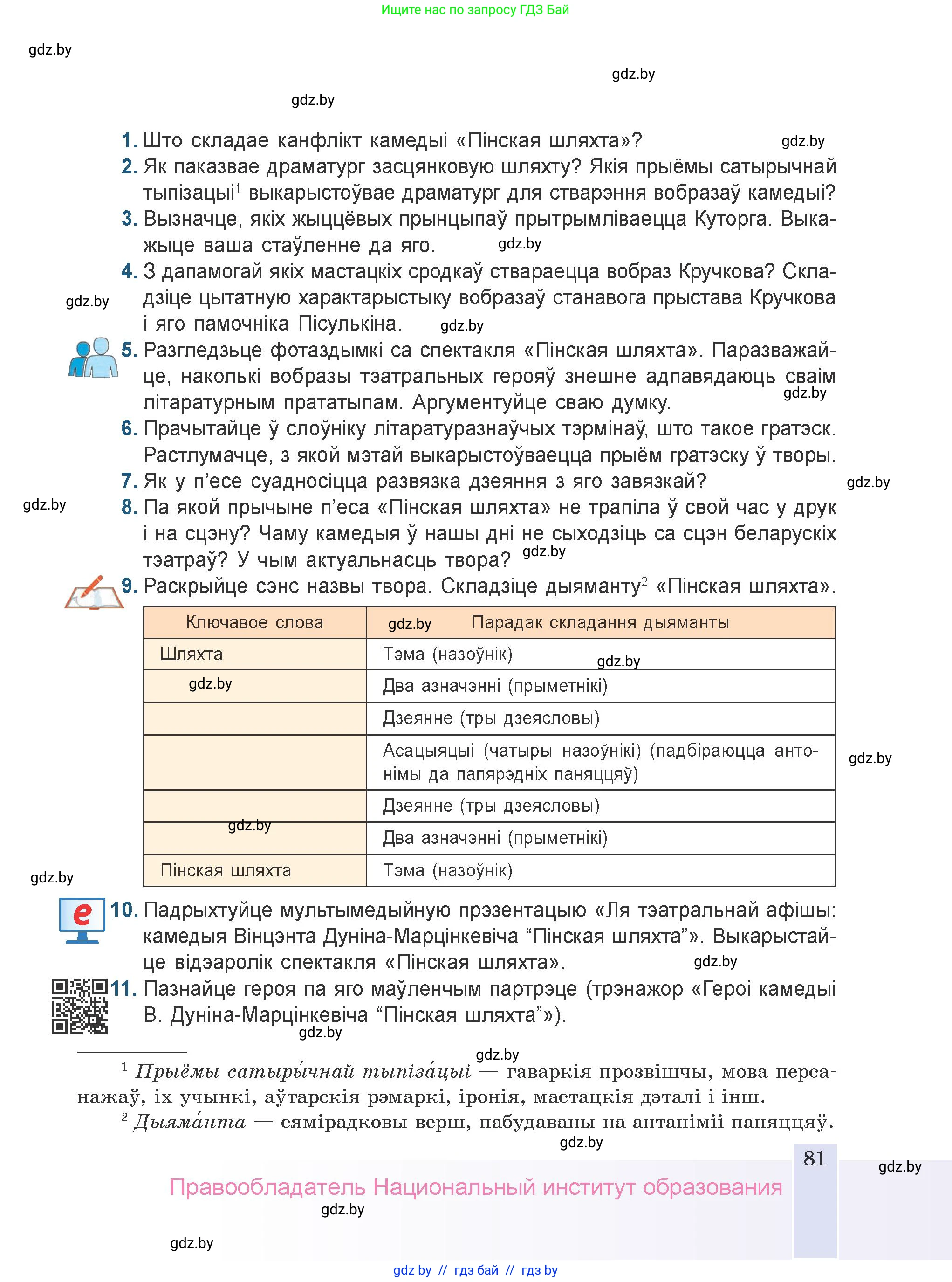Белорусская литература (Беларуская літаратура), 9 класс Учебник, авторы: Праскаловіч Вольга Уладзіміраўна, Рагойша Вячаслаў Пятровіч, Шамякіна Таццяна Іванаўна, Кабржыцкая Т В, Жуковіч Мікалай Васільевіч, издательство Нацыянальны інстытут адукацыі, Минск, 2019, салатового цвета, страница 81