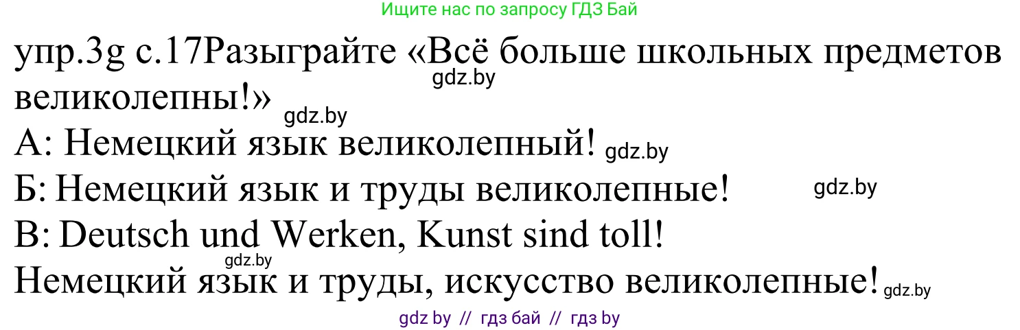 Немецкий язык (Deutsch), 4 класс Учебник (Schülerbuch), авторы: Будько Антонина Филипповна (Budjko Antonina), Урбанович Инна Ювинальевна (Urbanowitsch Ina), издательство Вышэйшая школа, Минск, 2019, жёлтого цвета, Часть 1, страница 17, номер 3g, Решение