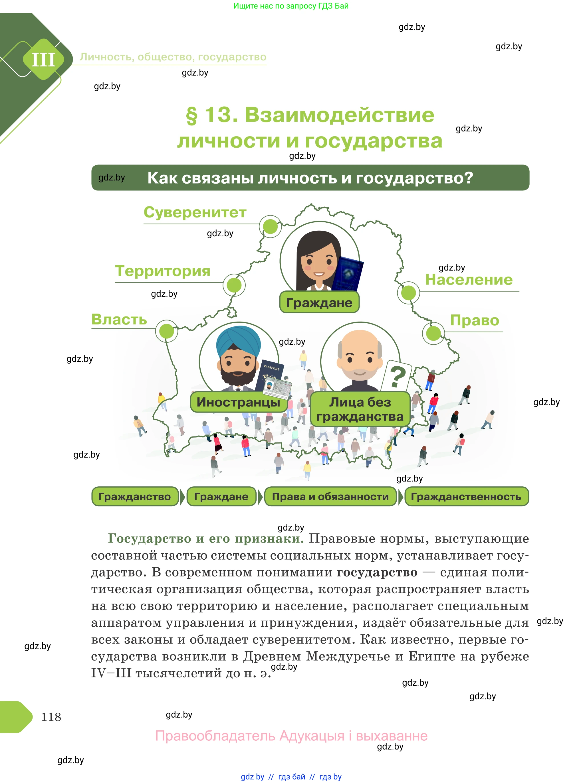 Обществоведение, 9 класс Учебник, авторы: Данилов Александр Николаевич, Полейко Елена Александровна, Кушнер Надежда Васильевна, Бернат Ирина Петровна, Белов А А, Кизима С А, Клецкова И М, Легчилин А А, Солодухо А С, Рубанов А В, издательство Адукацыя i выхаванне, Минск, 2019, жёлтого цвета, страница 118