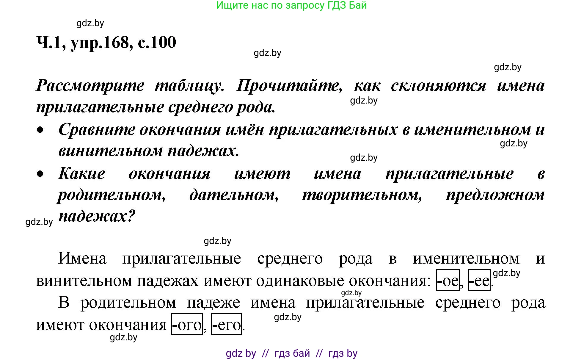 Русский язык, 4 класс Учебник, авторы: Антипова Маргарита Борисовна, Верниковская Алла Викторовна, Грабчикова Елена Самарьевна, издательство Академия образования, Минск, 2024, оранжевого цвета, Часть 1, страница 100, номер 168, Решение