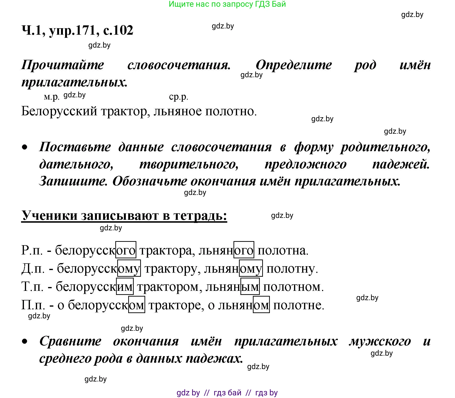Русский язык, 4 класс Учебник, авторы: Антипова Маргарита Борисовна, Верниковская Алла Викторовна, Грабчикова Елена Самарьевна, издательство Академия образования, Минск, 2024, оранжевого цвета, Часть 1, страница 102, номер 171, Решение