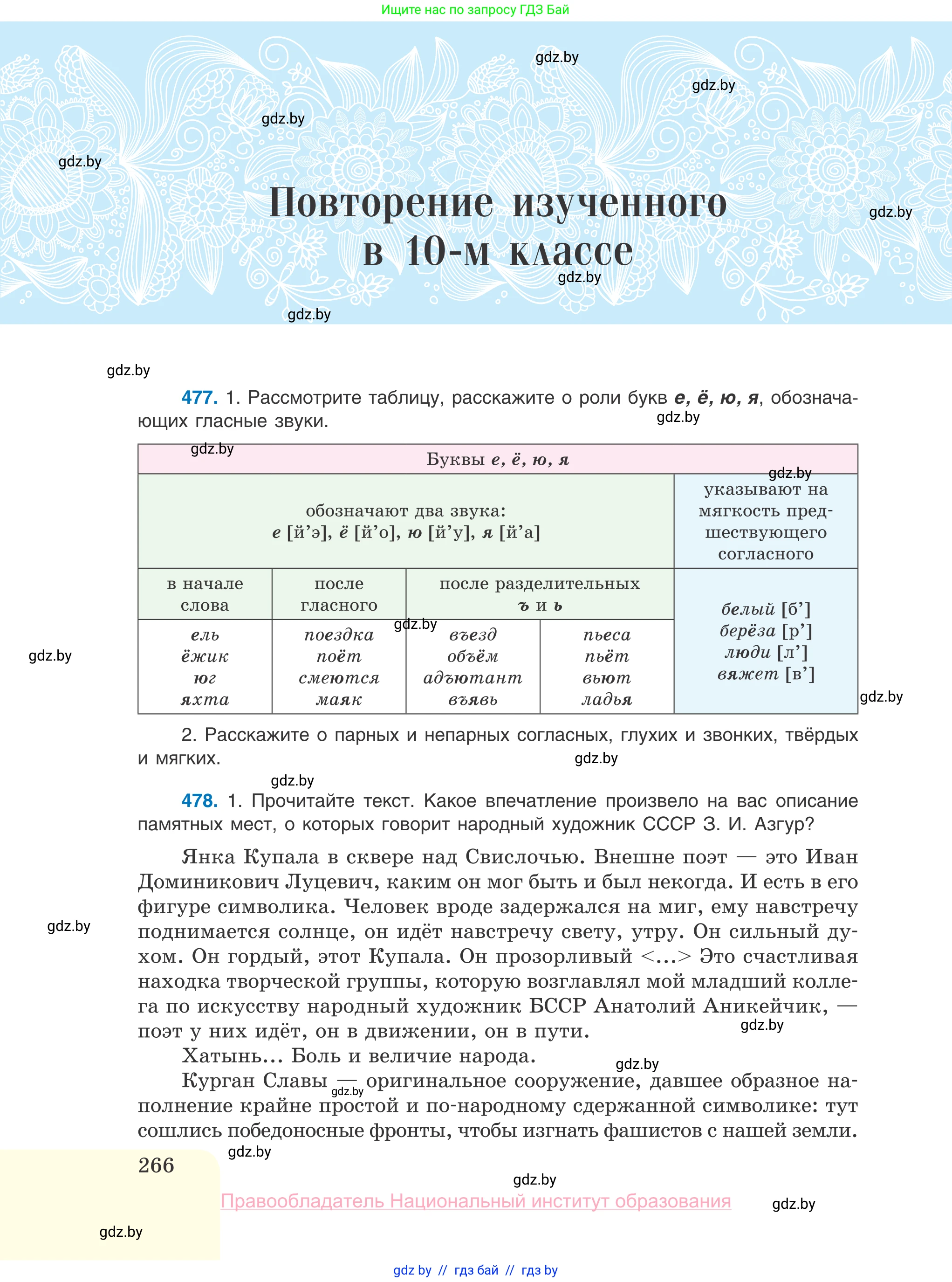 Русский язык, 10 класс Учебник, авторы: Леонович Валентина Леонидовна, Саникович Валентина Александровна, Литвинко Франя Михайловна, Волынец Татьяна Николаевна, Долбик Елена Евгеньевна, Малецкая М И, Мурина Лариса Александровна, Таяновская И В, издательство Национальный институт образования, Минск, 2020, страница 266