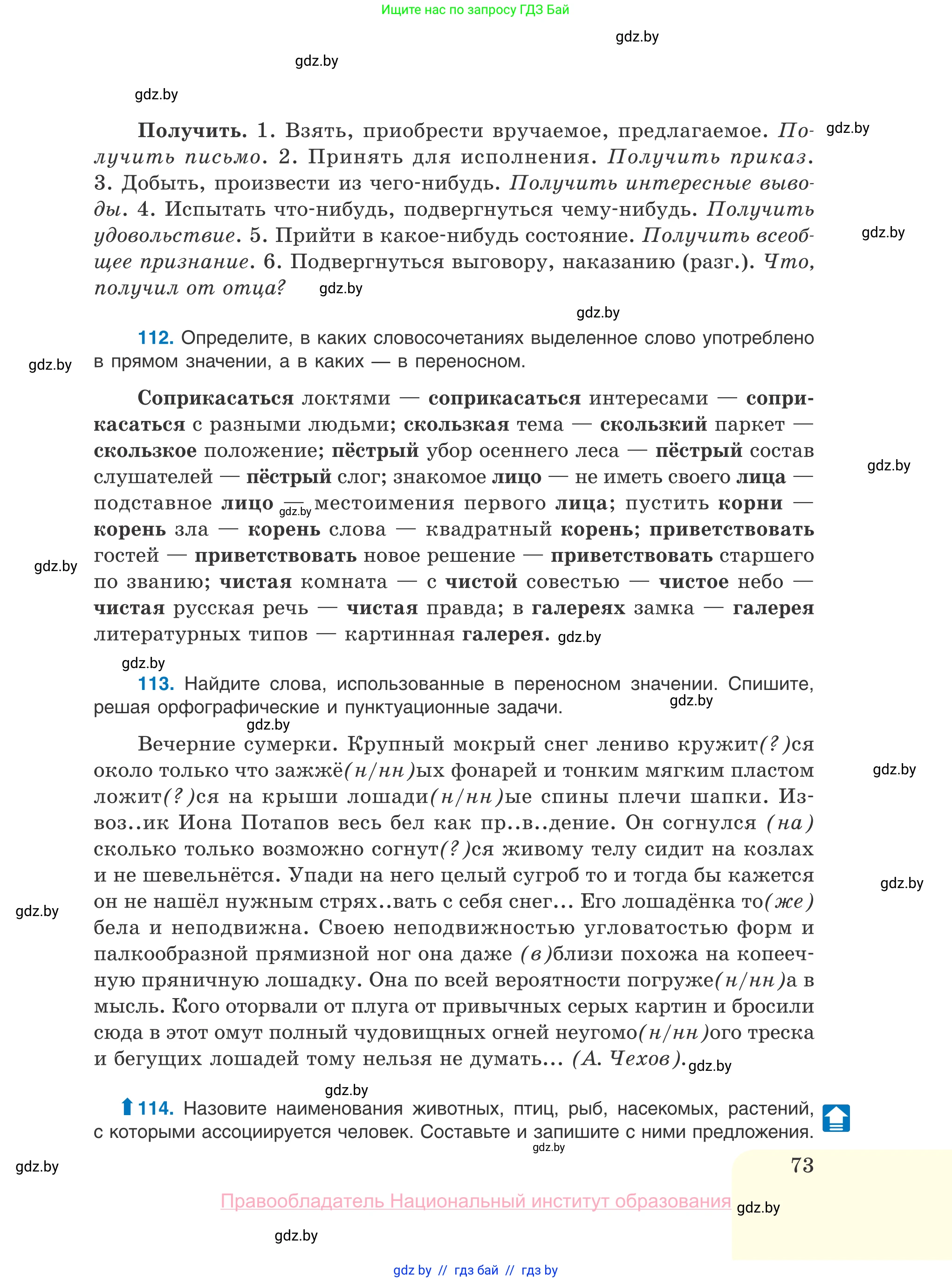 Русский язык, 10 класс Учебник, авторы: Леонович Валентина Леонидовна, Саникович Валентина Александровна, Литвинко Франя Михайловна, Волынец Татьяна Николаевна, Долбик Елена Евгеньевна, Малецкая М И, Мурина Лариса Александровна, Таяновская И В, издательство Национальный институт образования, Минск, 2020, страница 73